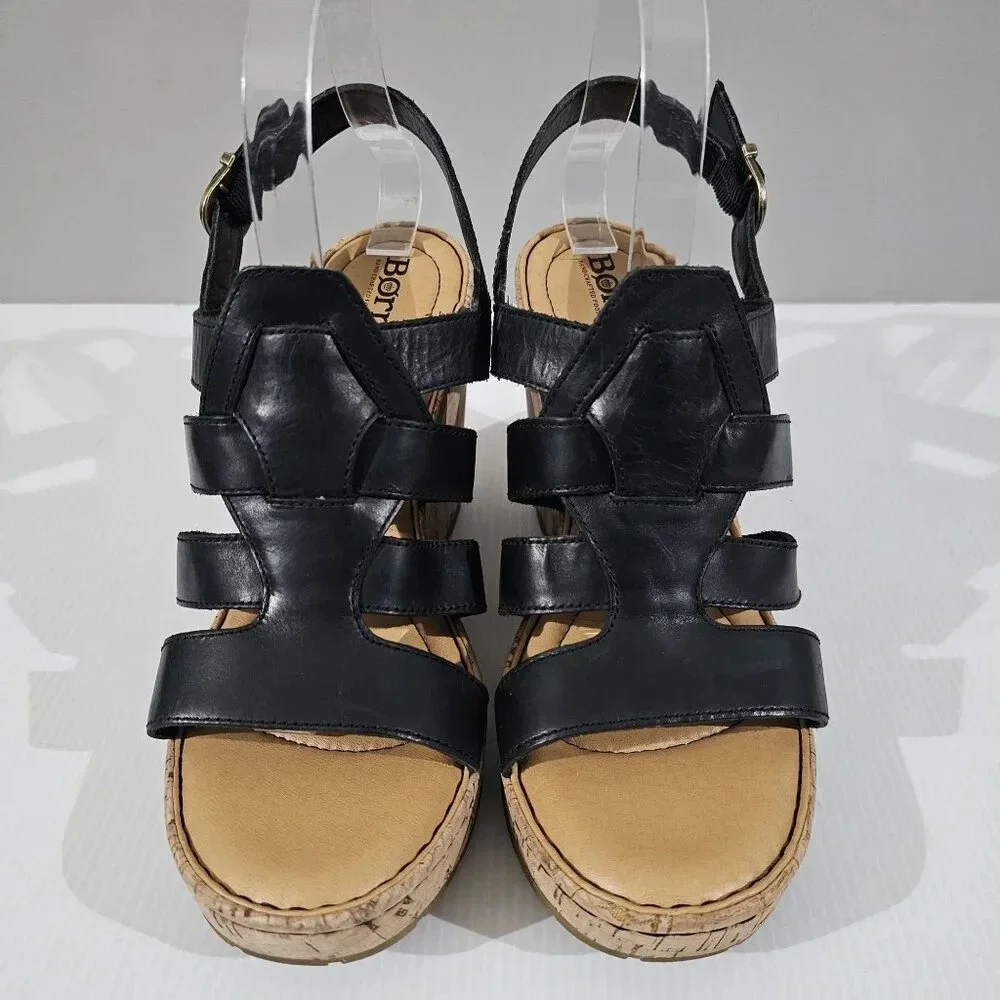Born Bernese Cage Cork Wedge Sandal Womens 10 Black Leather Summer Platform - Picture 4 of 13